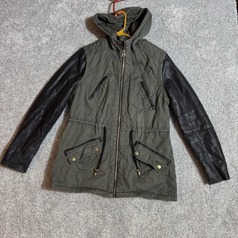 F&F Jacket Womens Size 10 Quilted Lined Faux Leather Sleeve Hoodie Biker Goth